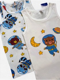 Resim elmas kids Erkek Çocuk %100 Pamuklu Beyaz Renk Astronot Uzay Ayıcık Desen 2 li Atlet Takımı 