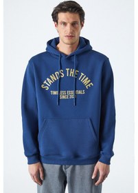 Resim Grimelange WULF Erkek Organik Kumaşlı İçi Polarlı Yumuşacık Kanguru Cepli Kapüşonlu Lacivert Sweatshirt 