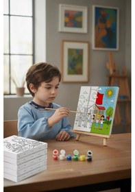 Resim Okul Ve Türk Bayrağı Temalı Çocuk Boyama Tuvali Şövaleli Eğitici Boyama Seti 20x20 Cm 