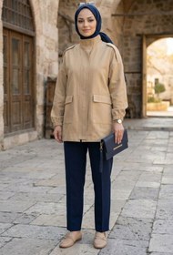 Resim adamila Kadın Oversize Dik Yaka Cep Detaylı Tesettür Trençkot Ceket Günlük Şık Tesettür Uyumlu 