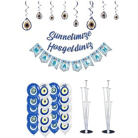 Resim Sünnetimize Hoşgeldiniz Banner, Maşallah Banner, Nazar Boncuğu Tavan Süs Ve 2 Balon Standı Ve 20 Adet Mavi-beyaz Balon Mavi 