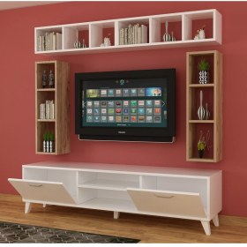 Resim Dekormer Design Tv Ünitesi Dolaplı Meşe Beyaz Kitaplıklı 180 cm 