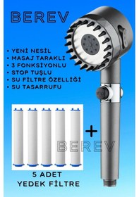 Resim Berev Masajlı 3 Fonksiyonlu Su Tasarruflu Filtreli Turbo Jet Duş Başlığı Siyah 5 Adet Filtre Siyah 