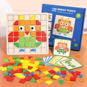Resim 120 parça ahşap mozaik yapboz seti, ahşap oyuncaklar, çok renkli ve şekilli 3D mozaik yapboz masa oyunları, yapı blokları, doğum günleri, Noel, Cadılar Bayramı ve Yeni Yıl hediyeleri için mükemmel 