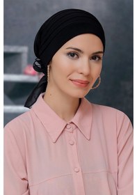 Resim Hürrem Bone Siyah Pratik Hazır Geçmeli Tesettür Bone Sandy Kumaş Pileli Nervü Siyah 