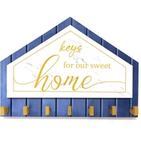 Resim CajuArt Mavi Beyaz Sarı Dekoratif Üçgen Ahşap Desenli Keys For Home Anahtarlık 