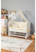 Resim Ahşap Beşik Anne Yanı Beşik Beyaz 60x120 - Sarı Yıldız Tek Yastık Uyku Seti + Yatak Beyaz 