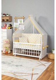 Resim Ahşap Beşik Anne Yanı Beşik Beyaz 60x120 - Sarı Yıldız Tek Yastık Uyku Seti + Yatak Beyaz 