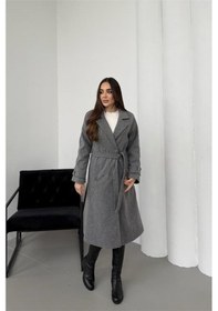 Resim Neşeli Butik Kadın Antrasit Kuşaklı Reglan Kol Düğmeli Premium Kaşe Kaban Nbkbn01 Antrasit 