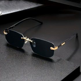 Resim Y2K tarzı çerçevesiz moda gözlükleri metal mafsalı - Siyah ve Altın Detaylar, Edgy Minimalist Tasarım, PC Lensler Erkekler ve Kadınlar için, Parti ve Rahat Giyim, Moda Gözlükleri, Y2K Moda Gözlükleri, Dekoratif Gözlükler 