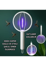 Resim Polham 1200mah Şarjlı 3000v Katlanabilir Ultra Güçlü Sinek Ve Sivrisinek Öldürücü, 3in1 Askılı Standlı 