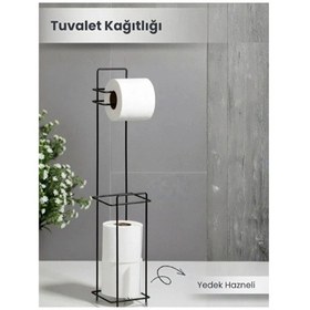 Resim Premium Siyah Standlı Yedek Hazneli Tuvalet Kağıtlığı Banyo Modern Montajsız Uzun Ömürlü Ev Ofis Çok Renkli 