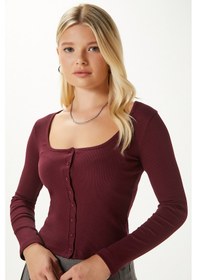 Resim Ritnice Kadın Jesse U Yaka Düğmeli Uzun Kollu Bordo Fitilli Pamuk Bluz Bordo 
