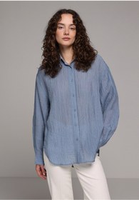 Resim Colin's Oversize Fit Shirt Neck Düz Kadın Mavi Uzun Kol Gömlek 
