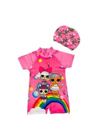 Resim Lolliboomkids Sevimli Lol Bebek Gökkuşağı Hassas Ten Kısa Kollu Hipster Mayo Takımı Bone Dahil 2' li Set Pembe 