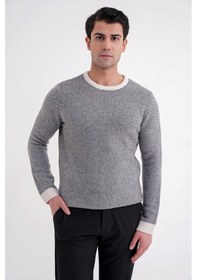 Resim Slim Fit Renkli Ribanalı Ekru Gri Yünlü Bisiklet Yaka Triko Kazak Tr 890 Ekru-gri 