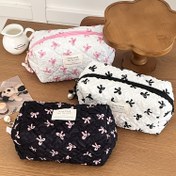 Resim Kıvrımlı Fiyonklu Seyahat Tuvalet Çantası - Fermuarlı Hafif Polyester Kozmetik Çanta, Kadınlar için Sevimli Kelebek ve Kalp Desenli (Beyaz/Pembe/Siyah) 