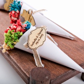 Resim Kişiye Özel Mıknatıslı Mini Buket Düğün Hediyesi, Kına Hediyeleri, Ahşap Etiketli Mini Buket Nikah Hediyeleri 