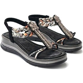 Resim Kindep Boncuk Detaylı Lastikli Dolgu Taban Kadın Sandalet Siyah Siyah 