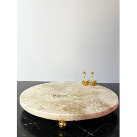 Resim Doğal Traverten Mermer 28 cm Sunumluk, Tepsi ve Kuğu Figürlü Dekoratif Obje 