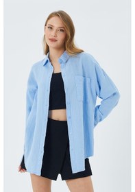 Resim Mixray 3833 Kadın Oversize Cepli Müslin Gömlek Bebe Mavi 