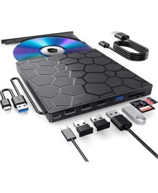 Resim Techtic 8’si 1 Arada Harici CD DVD Yazıcı USB 3.0 Type-C - Çoklu USB Hub, Sd/tf Kart Okuyucu, Taşınabilir Optik Sürücü 