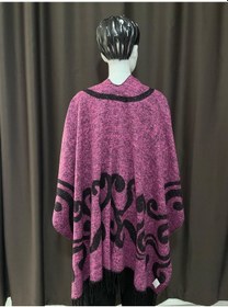 Resim Kadın Çift Taraflı Desenli Kışlık Panço Pembe Siyah Etnik Motifli Omuz Şalı Pembe - Siyah 