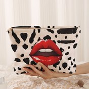 Resim Leopar Desenli ve Kırmızı Dudaklı Desenli Kozmetik Çantası - Fermuarlı Polyester Makyaj Çantası, Şık Kadife Benzeri Tuvalet Malzemeleri Düzenleyici, Hafif ve Astarlı Çok İşlevli Seyahat Çantası 