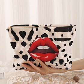 Resim Leopar Desenli ve Kırmızı Dudaklı Desenli Kozmetik Çantası - Fermuarlı Polyester Makyaj Çantası, Şık Kadife Benzeri Tuvalet Malzemeleri Düzenleyici, Hafif ve Astarlı Çok İşlevli Seyahat Çantası 