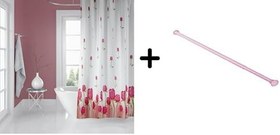 Resim Banyo Duş Perdesi 7017 180x200 Perde Borusu Askı Aparatı Pembe 160x260 Hediyeli 
