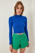 Resim Happiness İstanbul Kadın Canlı Mavi Fitilli Balıkçı Yaka Crop Örme Bluz GT00059 