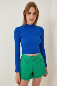 Resim Happiness İstanbul Kadın Canlı Mavi Fitilli Balıkçı Yaka Crop Örme Bluz GT00059 