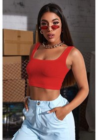 Resim Kadın Kırmızı Kalın Askılı Crop Top Büstiyer Kırmızı 