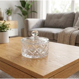 Resim Kare Kesme Desen Kristal Kulplu Kapaklı Cam Çerezlik Şekerlik 10 10 Cm Şeffaf 