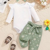 Resim Sonbahar ve Kış Yeni Gençler Beyaz Fırfırlı Uzun Kollu Papatya Çiçekli Pantolon İki Parça Kız Çocuk Giyim Seti, Dış Mekanlar İçin Mükemmel 