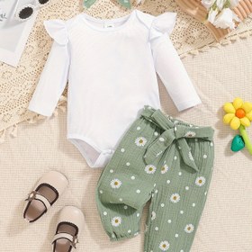 Resim Sonbahar ve Kış Yeni Gençler Beyaz Fırfırlı Uzun Kollu Papatya Çiçekli Pantolon İki Parça Kız Çocuk Giyim Seti, Dış Mekanlar İçin Mükemmel 