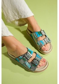 Resim Luvishoes Lanso Yeşil Taşlı Çift Bantlı Kadın Terlik Yeşil 