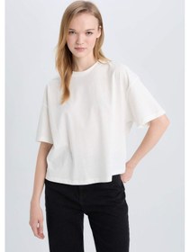 Resim DeFacto Coool Loose Fit Bisiklet Yaka Basic Düz Kalın Kumaş Kısa Kollu Beyaz Tişört E0291AX25SMWT32 