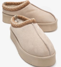 Resim Avelıa Bej Süet Hakiki Deri Dikişli Kadın Kalın Tabanlı Kışlık Terlik Bej 