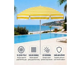 Resim Durul Plaj Şemsiyesi Balkon Bahçe Güneş Şemsiyesi 200CM 10 Telli Uv Korumalı - Sarı Çizgili 