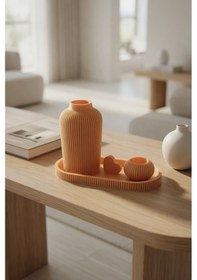 Resim Dekoratif Vazo Seti Tepsili Minimal Çizgili Vazo Mumluk Obje Modern Masaüstü Aksesuar 