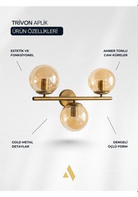 Resim Trivon Üçlü Cam Aplik Beyaz & Bal Renk Seçenekli, Gold Metal Gövde Modern Duvar Aydınlatma Bal 