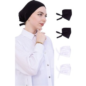 Resim Modish Group Kadın Tesettür Bone Bağcıklı Dikişsiz Penye 4 Parça Set Siyah, Beyaz 