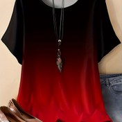 Resim Büyük Beden Renk Geçişli T-Shirt, Rahat Yaka Kısa Kollu Üst, Bahar ve Yaz İçin, Kadınlar İçin Büyük Beden Giyim 