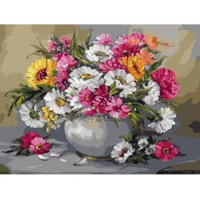 Resim wombhobby Gri Vazo ve Çiçekler Sayılarla Boyama Seti 80X100 cm( Tuval Şasesine Gerili) 