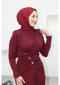 Resim Neşeli Butik Kadın Likralı Düğme Detaylı Tesettür Elbise Nms046 Bordo 