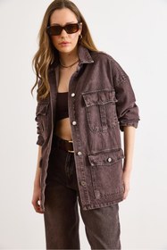 Resim Olalook Kadın Kahverengi Kuşaklı 4 Cepli Denim Ceket CKT-19000503 