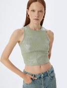 Resim Halter Yaka Fitilli Metalik Baskı Detaylı Crop Atlet 