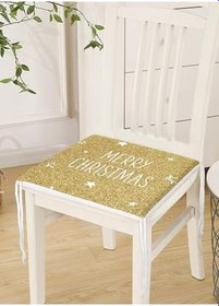 Resim RealHomes Gold Zeminde Merry Christmas Yazılı Dijital Baskılı Modern Fermuarlı Sandalye Minderi 