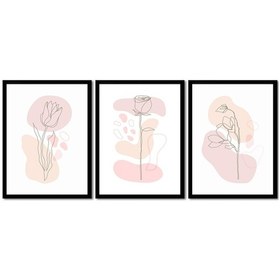 Resim Line Art Çiçekler Üçlü Çerçeveli Mdf Tablo Seti-172281 